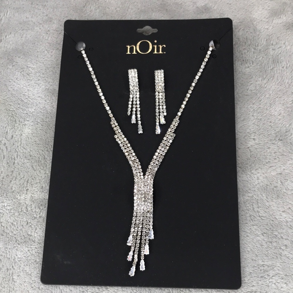 Noir Rhinestone Cascading Neckace and Earring Set  New
